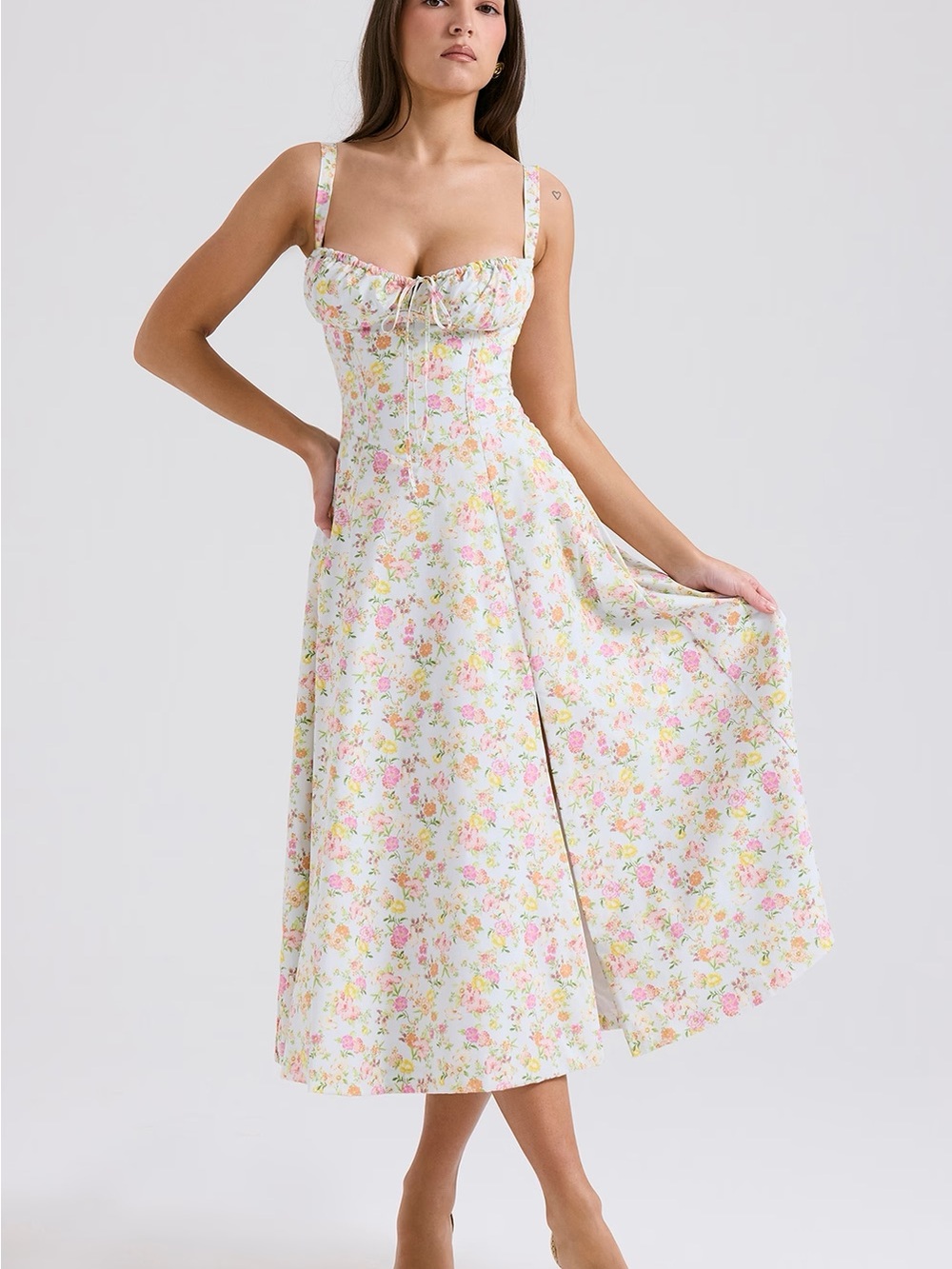 House of CB Carmen Dress in Pale Blue Meadow Print with Cotton Bustier